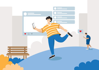 vector illustration of a man playing social media in the park and having fun, vector illustration in a modern and flat style