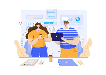 Fototapeta premium vector illustration for a business website, two people discussing their work, vector in a modern and flat style