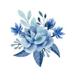 Fototapeta na wymiar Watercolor composition with indigo blue branches, leaves and flowers. Hand drawn bouquet arrangement with rose and wildflowers. Floral clipart.
