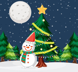 Snowman under Christmas tree outdoor background