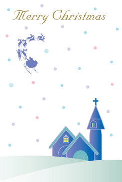 トナカイのそりで飛ぶサンタクロースと教会のクリスマスカード © FACTORIE