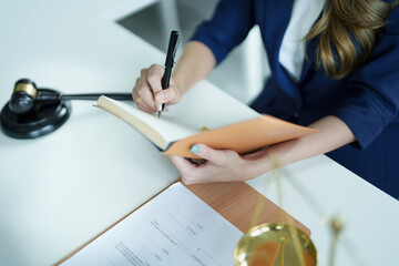 Portrait of a young Asian lawyer studying a lawsuit for a client using notebooks and paperwork on a...