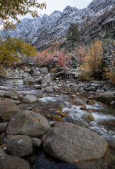Little Cottonwood Creek at first snow at the end of autumn, Utah. 