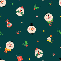 Seamless vector pattern with cute snowmen, gift, Christmas decoration, candle, berries, stars, confetti. Festive New year background for print, wrapping paper, textile, etc.