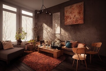 Home interior trend, dark room with chairs, coffee table and dry grass bouquet hanging above, living room with old grunge brown wall, 3d render