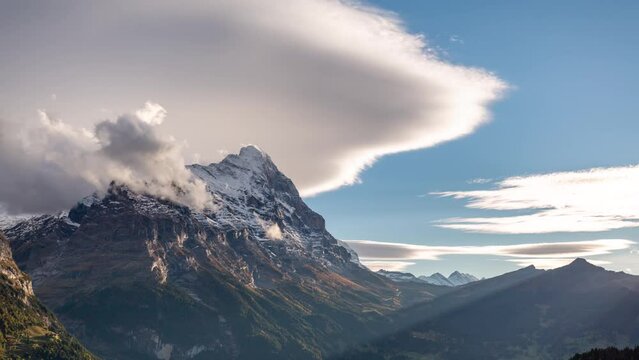 Timelapse of lenticluaris clouds at eiger north face in Grindelwald in swiss alps