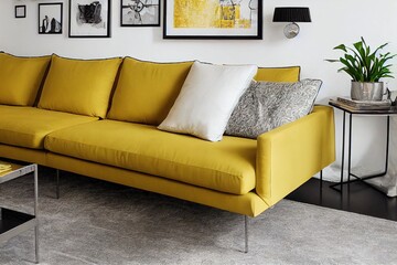 Silver painting above grey couch set with yellow pillow in spacious living room with contrast walls