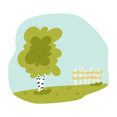 Birch on a clearing wooden fence. Vector drawing on a white isolated background. Illustration in flat cartoon style.