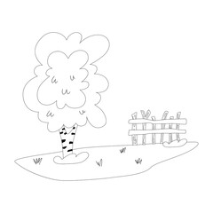 Children's coloring birch in a wooden fence field. The style is flat, outline, line.
