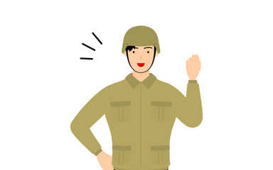 男性兵士のポーズ、元気よくガッツポーズ