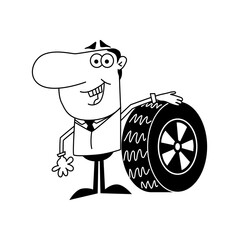 Man auto mechanic holds the wheel. Vector drawing on a white isolated background. Illustration in flat, cartoon style.
