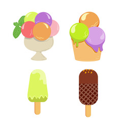 Set of ice cream balls in a cup, ice cream on a stick. Vector drawing on a white isolated background. Illustration in flat cartoon style.