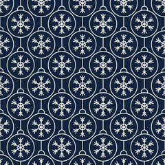 Seamless pattern with Christmas balls. White contour with a pattern of snowflakes. Festive flat style design for packaging and print. Vector.