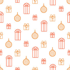 Seamless pattern with Christmas balls and gifts. Circuit. Festive flat style design for packaging and print. Vector.