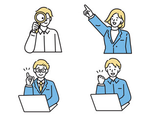 ポイント、注目、発表を表す男女のイラスト(ビジネス、クリック、チェック、アイデア、閃き、発見、納得) Illustrations of men representing points, attention, and presentations business, clicks, checks, ideas, discoveries
