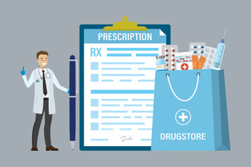 Happy doctor holds pen, pad with prescription. Shopping bag with medicines and pills. Prescription form with doctor signature. Health care, drugstore, medicine and pharmaceuticals.