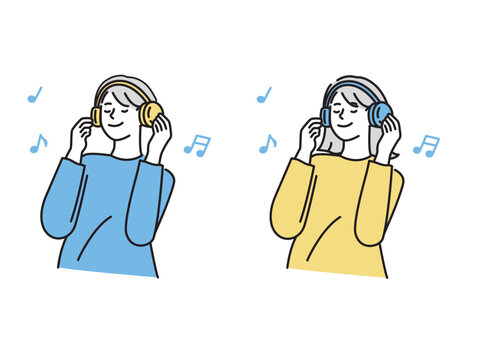 音楽を聴くイラスト(ヘッドフォン、リラックス、趣味、癒し)
Illustration of listening to music. Relaxation, hobbies and healing.