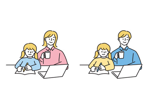親子のイラスト(勉強、遊び、リラックス、おうち)
Illustration of parents and children.Study, play, relax, home.
