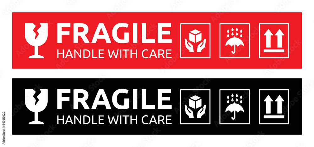 Poster fragile package icons set. red and black fragile warning label design. vector illustration.