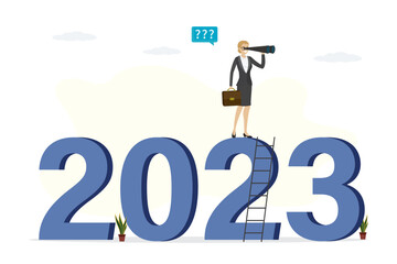 Confident businesswoman with binoculars climb up ladder on year numbers. New year 2023 outlook, economic forecast, future vision. Business opportunity or difficulties ahead, report or analysis.