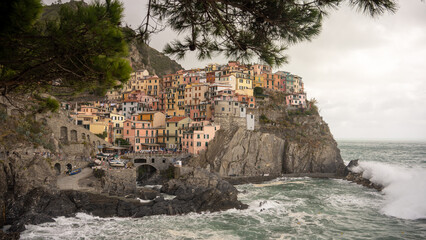 The town of Manarola in the Cinqueterra  area in Northern Italy. This picture is taken on a stormy day in September. 