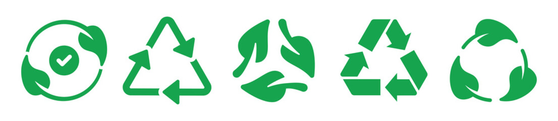 Obraz premium Set recycle icon sign. Green leaf recycling symbol. Ecology icon collection. Vector illustration.