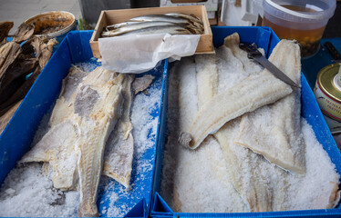 Salted fishes in an outdoor market in Italy. 