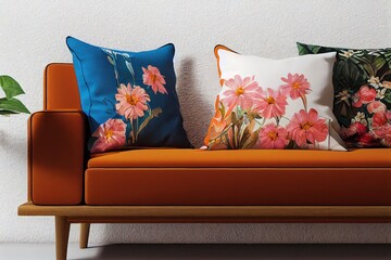 Flowers in vase on wooden coffee table in fashionable living room interior with brown corner sofa with pillows and abstract painting on the wall