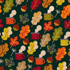 Seamless vector pattern with autumn vibe. Autumn things: colorful leaves, acorns, travel cups. Fall bright background for textile, wallpapers, posters, etc.