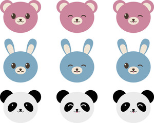 かわいい動物のお顔アイコン9種セット　クマとウサギとパンダ