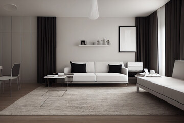 Living room with white couch, side view, rack between bedroom with bed and linens. Black coffee tables and light furniture, 3D rendering no people