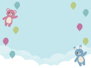 風船で遊ぶクマとウサギの背景　横位置　青空