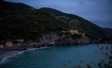 The town of Montorosso Italy in the Cinque Terra at dusk. 