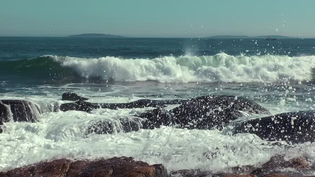 Waves covering rocks in Acadia National Park Maine USA 
Steady side view shot, Acadia National Park Maine, 2021
