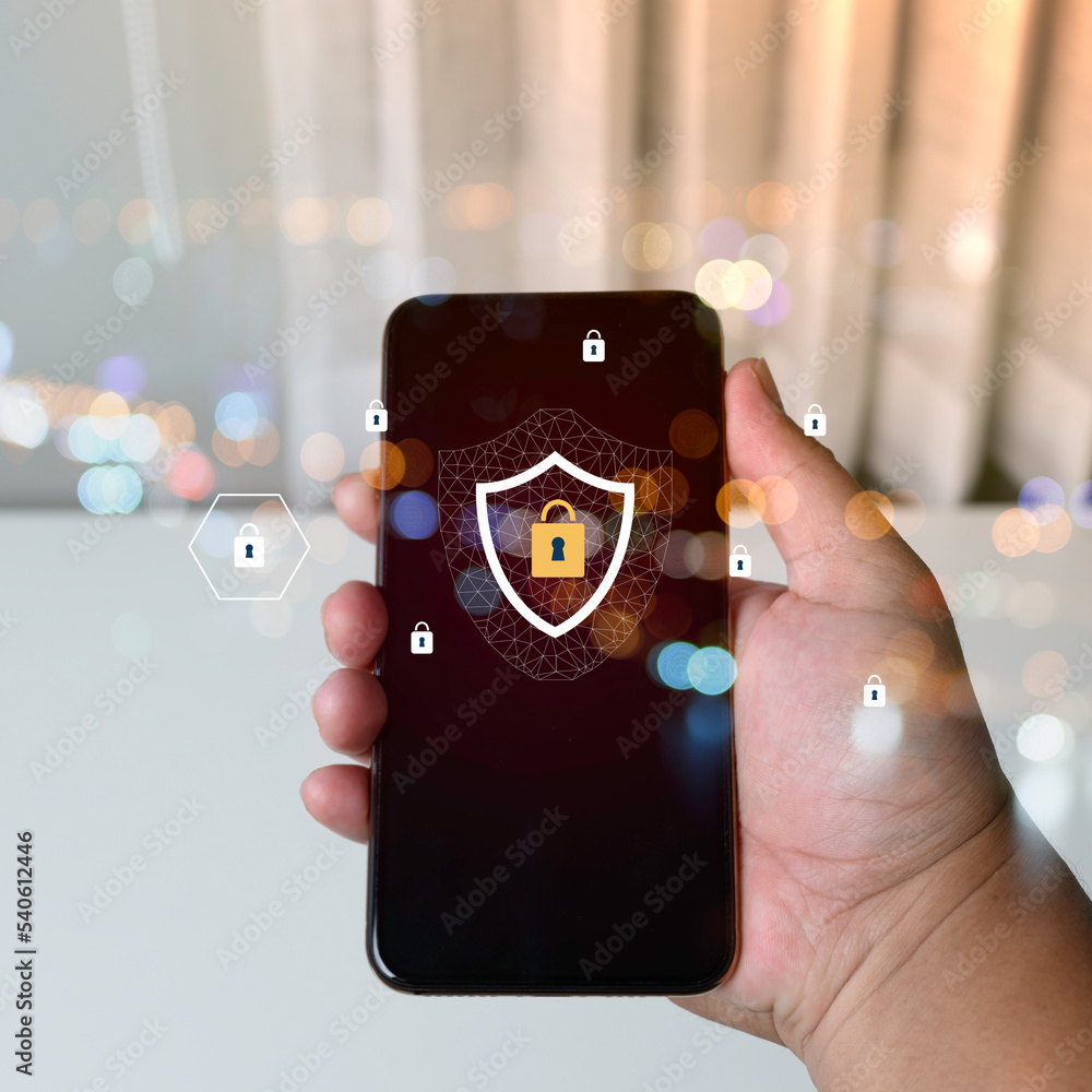 Poster smartphone with technology cybersecurity and privacy concept. protection and safe data for global ne