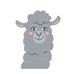 Vector cartoon animal character. A head of cute smiling lama. Alpaca with delight sight.