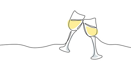 Continuous one line drawing of glasses of champagne with abstract shapes. Concept of cheers, toast, holiday in line art style. Png illustration - obrazy, fototapety, plakaty