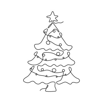 recommend clip art: Continuous one line drawing of Christmas tree with star, garland and decorations. Hand drawn Christmas tree isolated on transparent background in linear style. Png