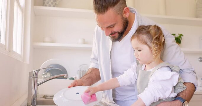 Father, girl or washing dishes in house kitchen sink in hygiene learning, chores education or healthy maintenance. Smile, happy man or bonding child with cleaning sponge, soap or water in family home