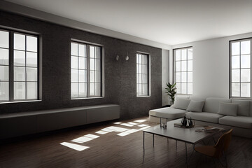 Obraz premium Interior design of loft with gradient from CAD blueprint to 3D Rendering