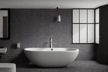 Obraz na płótnie Canvas Bathroom interior with a gray tiled wall, a white bathtub, a horizontal poster above it and a sink with a mirror. 3d rendering, mock up