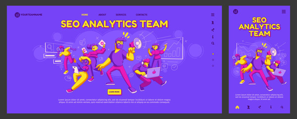 SEO analytics team landing page template. Creative people doing research, working on laptop, making presentation, speaking in megaphone. Computer, mobile app design. Contemporary vector illustration - obrazy, fototapety, plakaty