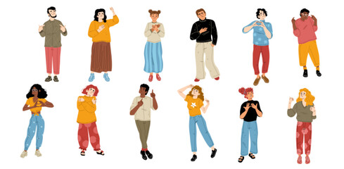 Self love concept with people adore themselves. Men and women hugging body, show heart symbol, rejoice and cheering. Body positive, acceptance, narcissism, Cartoon linear flat vector illustration