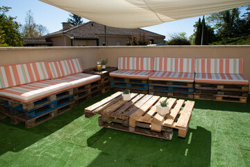 garden recycled wooden table and sit bench made from old wooden recycle storage pallet diy on home garden terrace