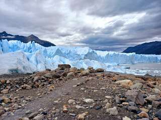 Panoramic view of glacier in extreme landscape of Argentine patagonia. Glaciers and extreme temperatures. Climate change.