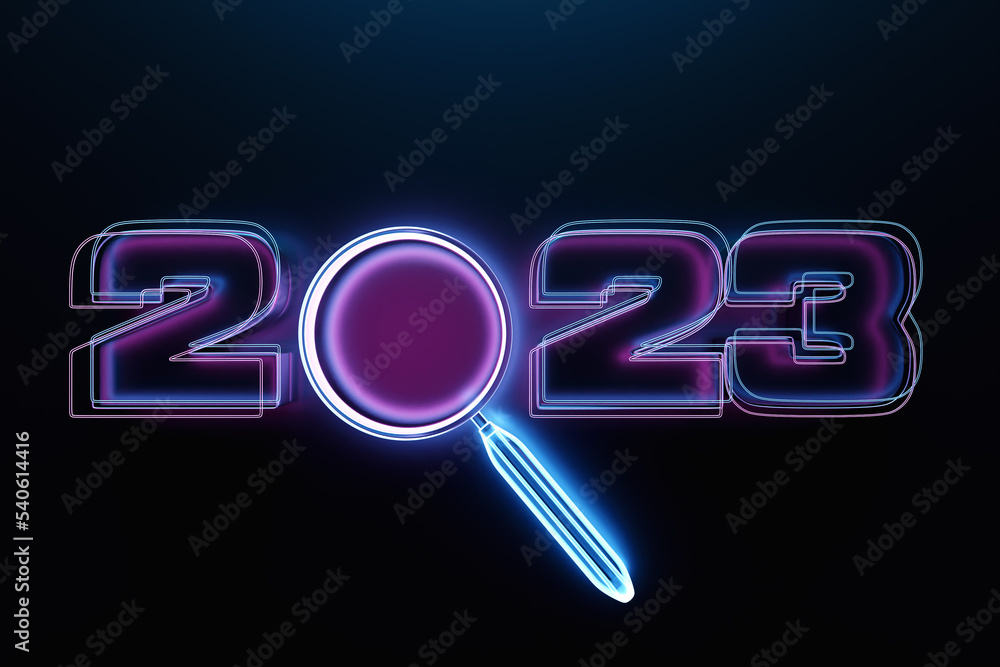 Poster 3d illustration close-up calendar header number 2023 with blue magnifying loupe for search . interne