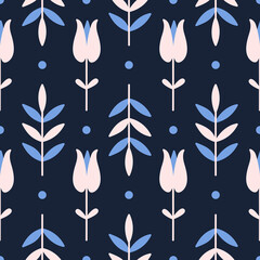 Vintage floral seamless pattern. Vector flat illustration with retro flowers and leaves isolated on a dark background. Symmetric motif for design of fabric, paper, and other surfaces