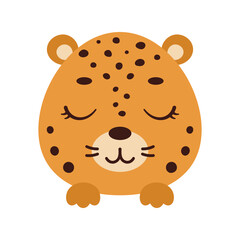 Cute little jaguar head with closed eyes. Cartoon animal character for kids t-shirts, nursery decoration, baby shower, greeting card, invitation, house interior. Vector stock illustration © Jexy