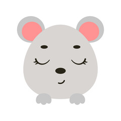 Cute little mouse head with closed eyes. Cartoon animal character for kids t-shirts, nursery decoration, baby shower, greeting card, invitation, house interior. Vector stock illustration