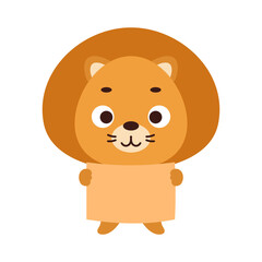 Cute little lion holding paper sheet on white background. Cartoon animal character for kids t-shirt, nursery decoration, baby shower, greeting card, house interior. Vector stock illustration